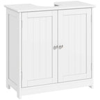 White freestanding under-sink cabinet with two doors and adjustable interior shelf