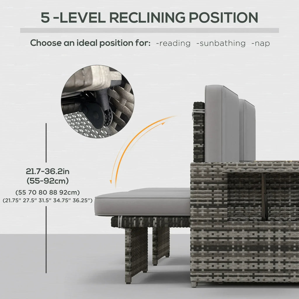 Rattan Sun Lounger w/ Storage Tea Table & Footstools, Grey - Bobobiy