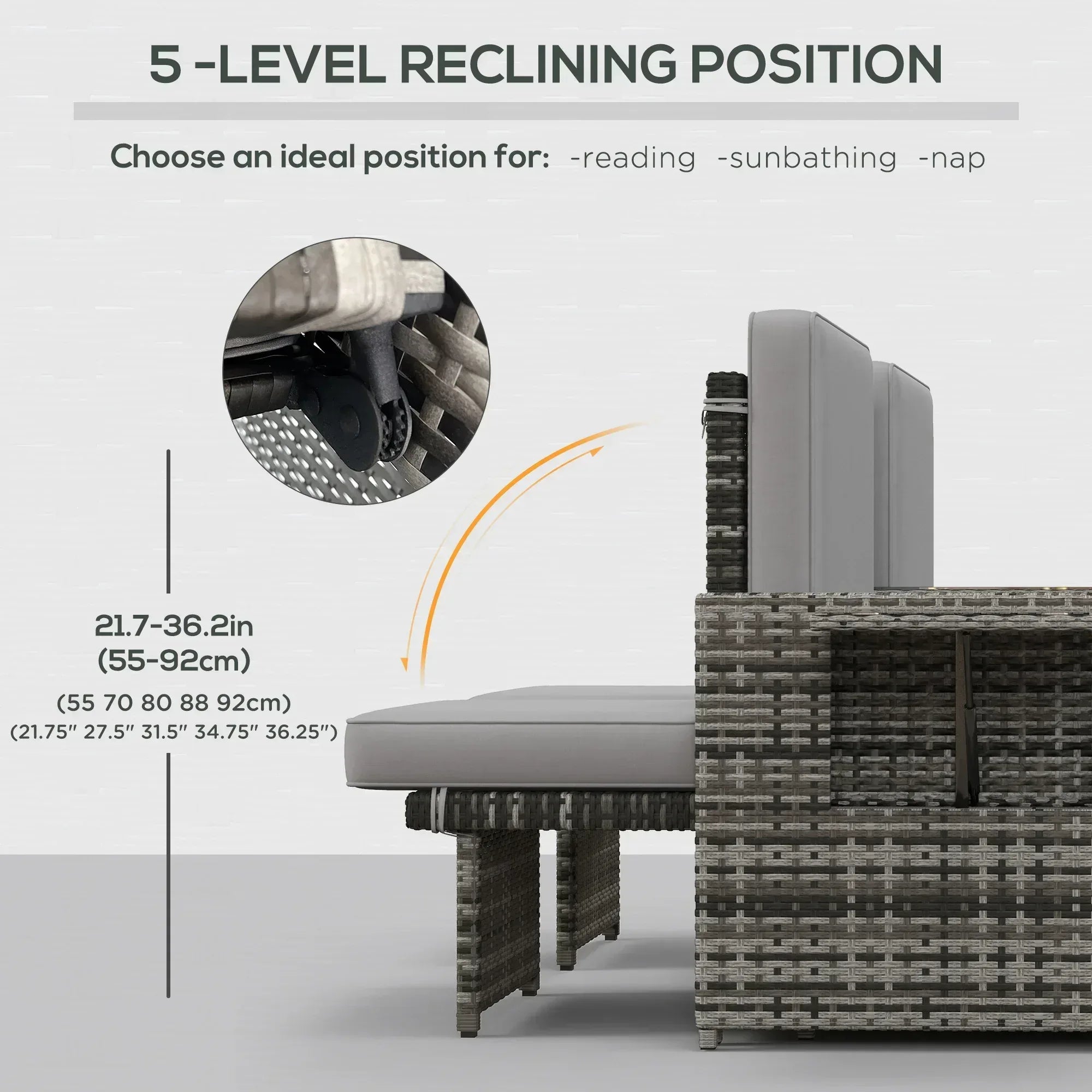 Rattan Sun Lounger w/ Storage Tea Table & Footstools, Grey - Bobobiy