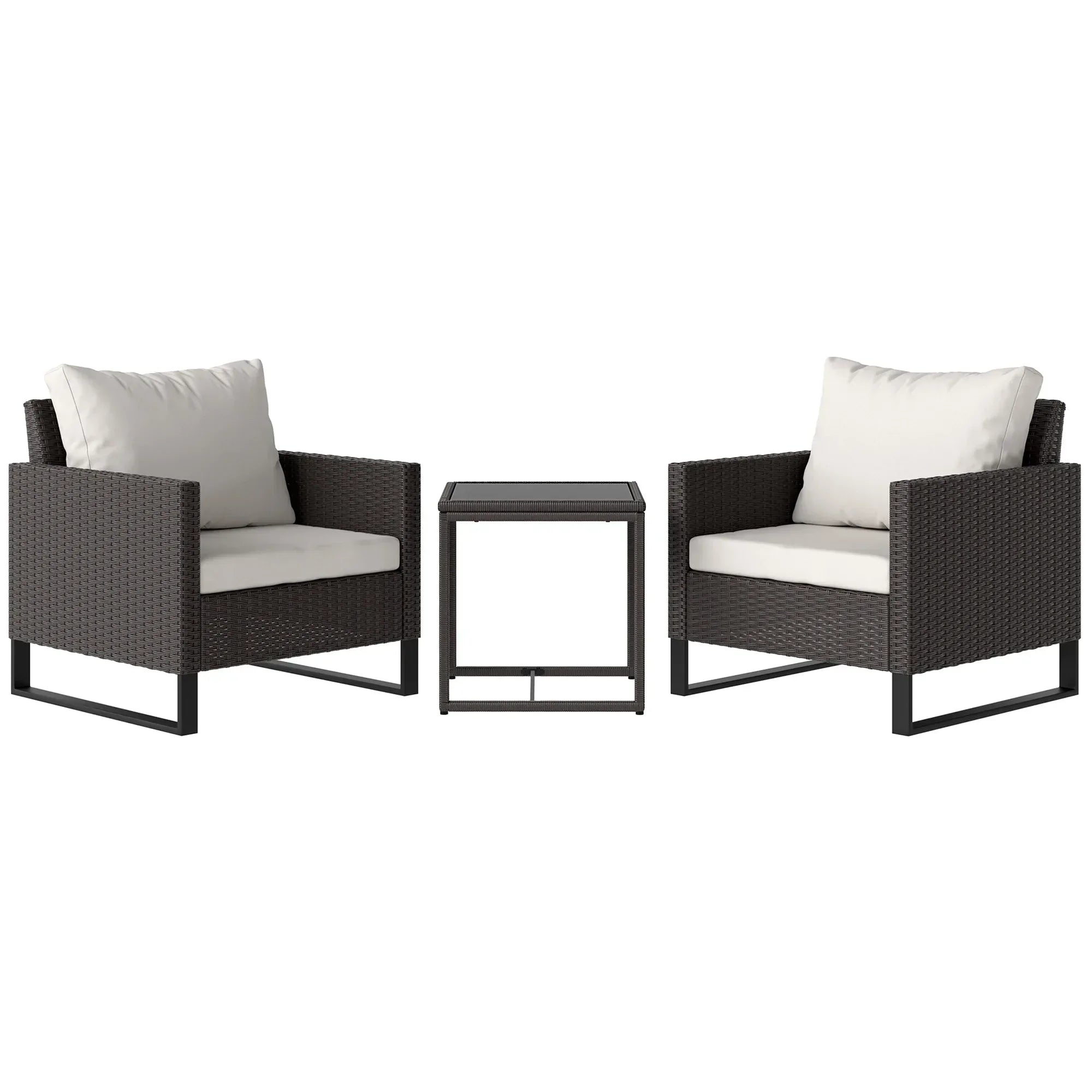 3 Pieces Rattan Bistro Set with 4 Cushions, Wicker Garden Furniture Set, Glass Top Coffee Table and Chairs for Outdoor Patio, Balcony, Terrace and Conservatory, Brown - Bobobiy