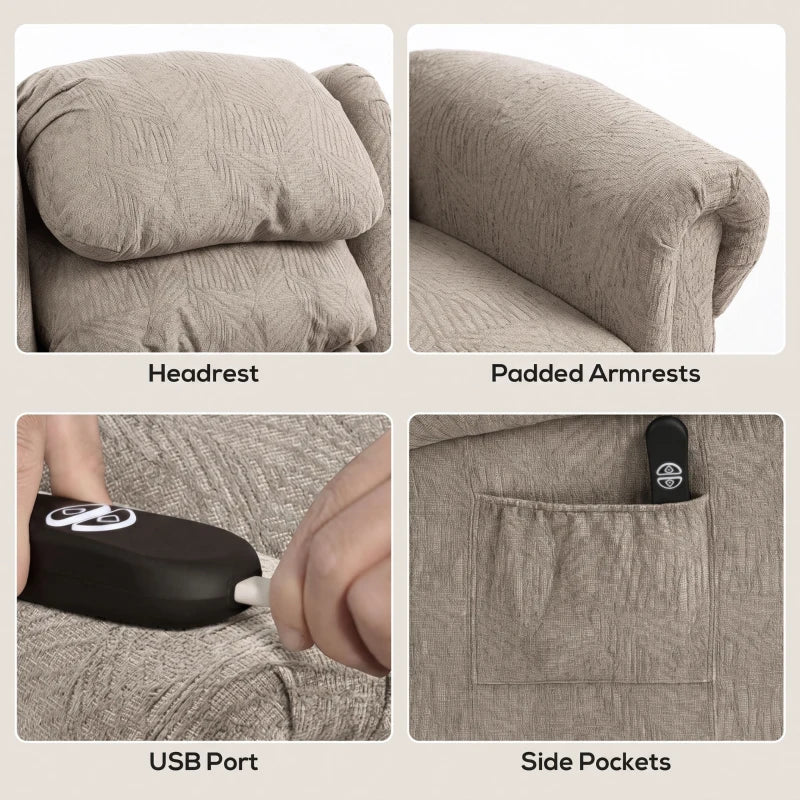 Khaki recliner features: headrest, padded armrests, USB port, side pockets