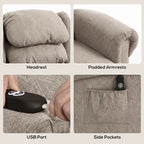Khaki recliner features: headrest, padded armrests, USB port, side pockets
