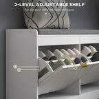 White shoe storage bench interior with adjustable dividers and flip drawer slots
