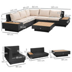 Outdoor sectional sofa with coffee table dimensions shown; black frame and beige cushions