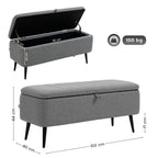 Grey flip-top storage ottoman bench with open lid and steel legs, size markings