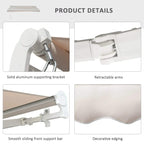 Retractable awning details: retractable arms, aluminum bracket, smooth support bar, scalloped edge