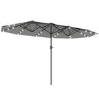 Dark grey patio sun umbrella with LED solar lights and open canopy base support