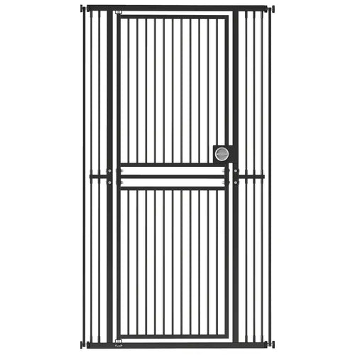 Black extra-tall pet gate with vertical bars and pull-ring latch, pressure fit.