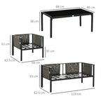 Tempered glass coffee table with loveseat and armchairs, shown with size dimensions