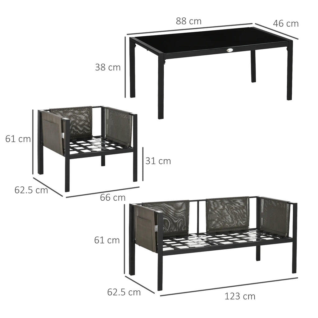 Outsunny 4 Piece Metal Garden Furniture Set with Tempered Glass Coffee Table, Texteline Pocket, Outdoor Set Loveseat