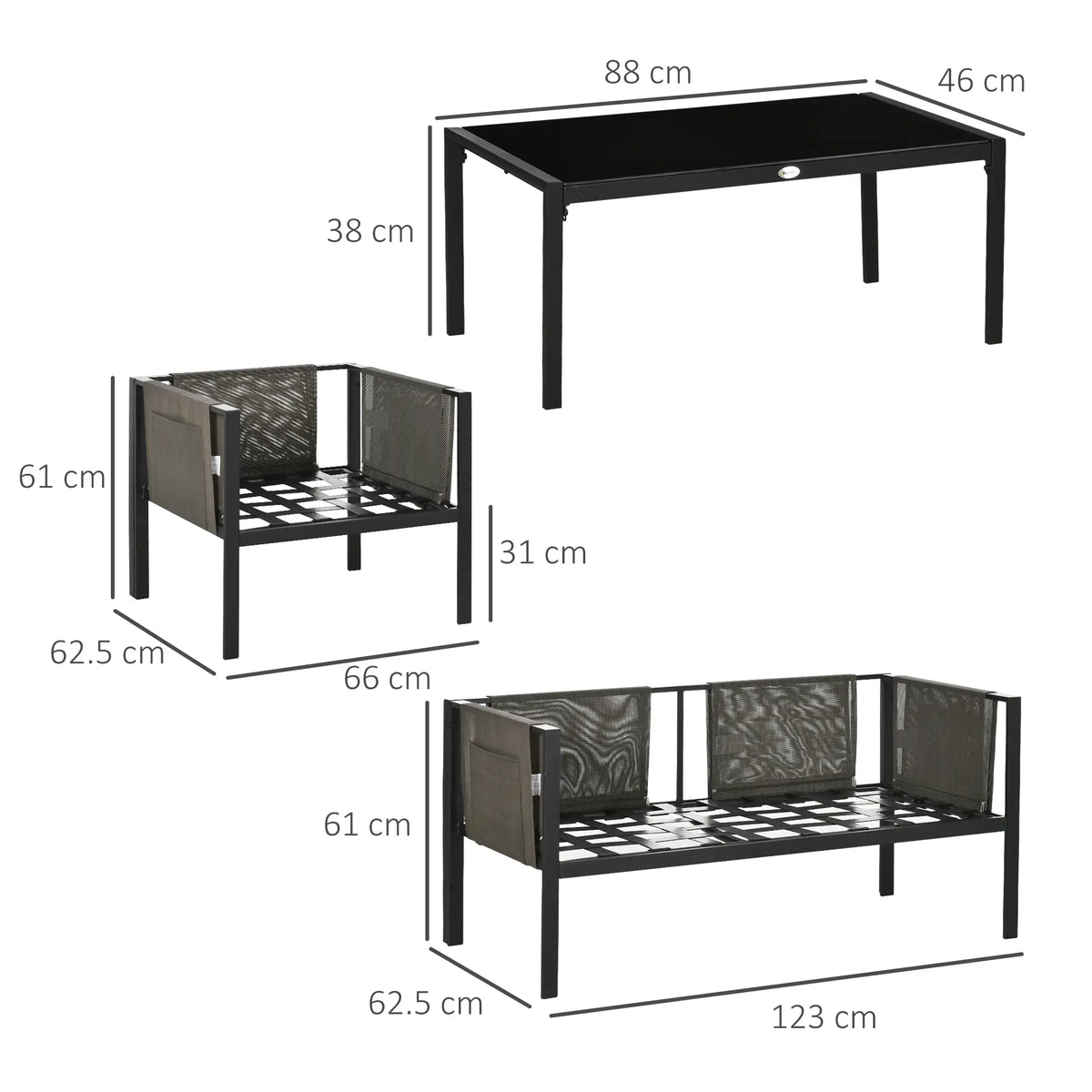 Outsunny 4 Piece Metal Garden Furniture Set with Tempered Glass Coffee Table, Texteline Pocket, Outdoor Set Loveseat