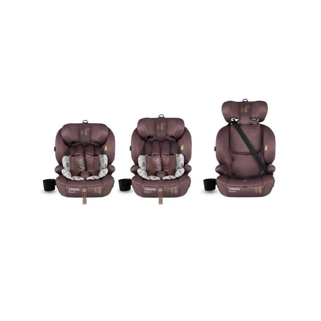 Child car seat shown from three angles in dark plum fabric with harness