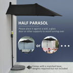Black half market umbrella with crank pole and base pad, open canopy