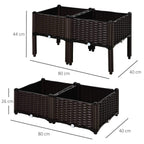 Brown raised patio planter box set of 4 with dimensions and double-compartment design