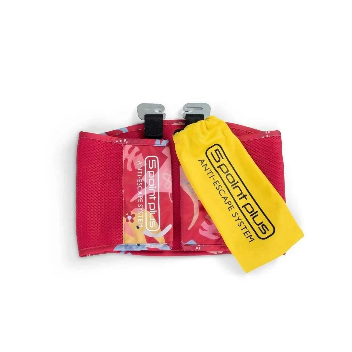 Car seat anti-escape system pouches, red and yellow with printed tags