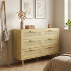 Light oak 6-drawer dresser with rattan-front panels and minimalist wooden pulls.