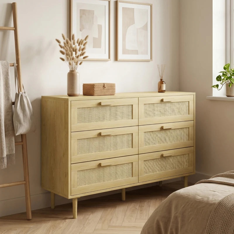 Light oak 6-drawer dresser with rattan-front panels and minimalist wooden pulls.