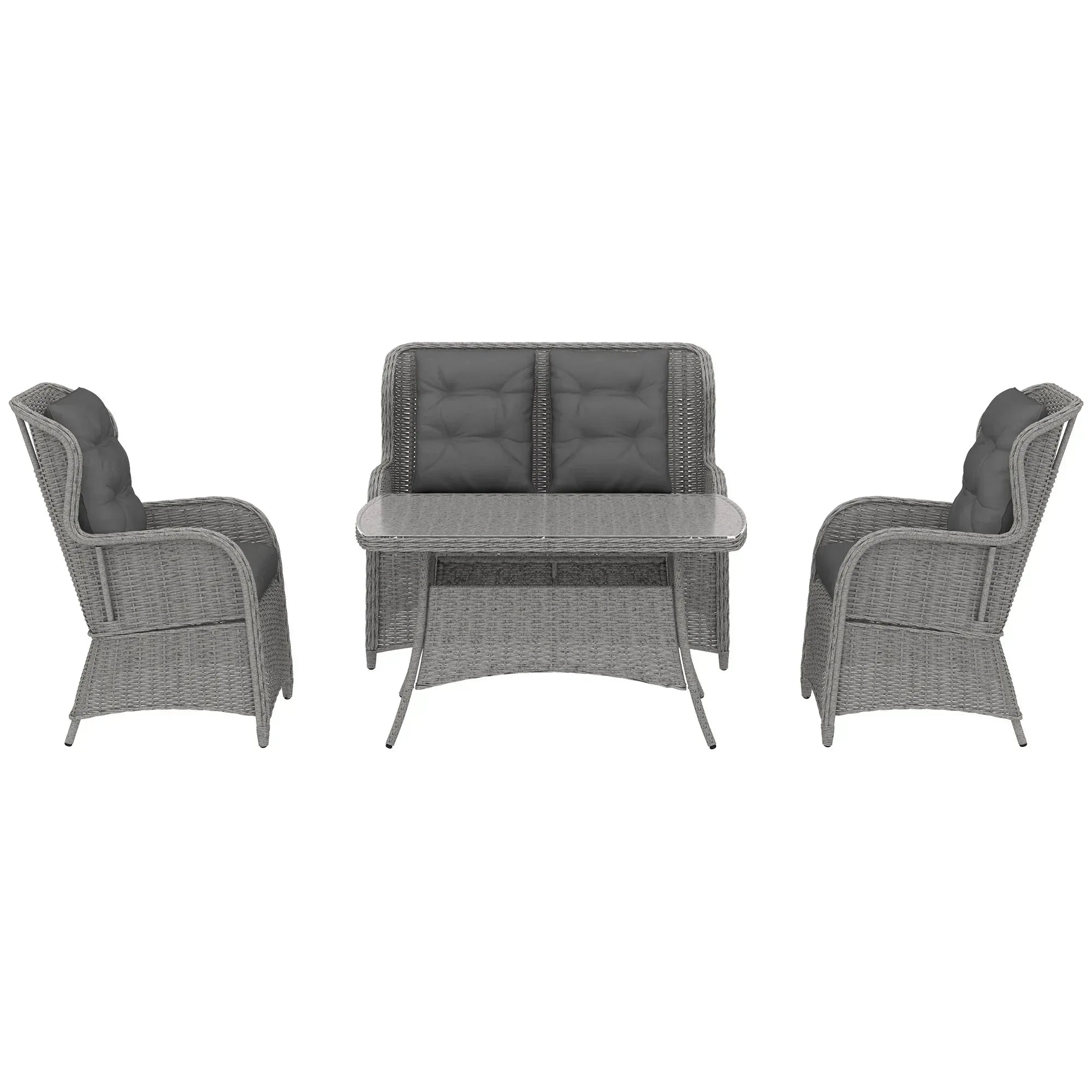 Garden PE Rattan Dining Sofa Set, Outdoor 4 Seater Wicker Furniture, High Back Chairs with Cushions, Tempered Glass Coffee Table for Patio, Light Grey - Bobobiy