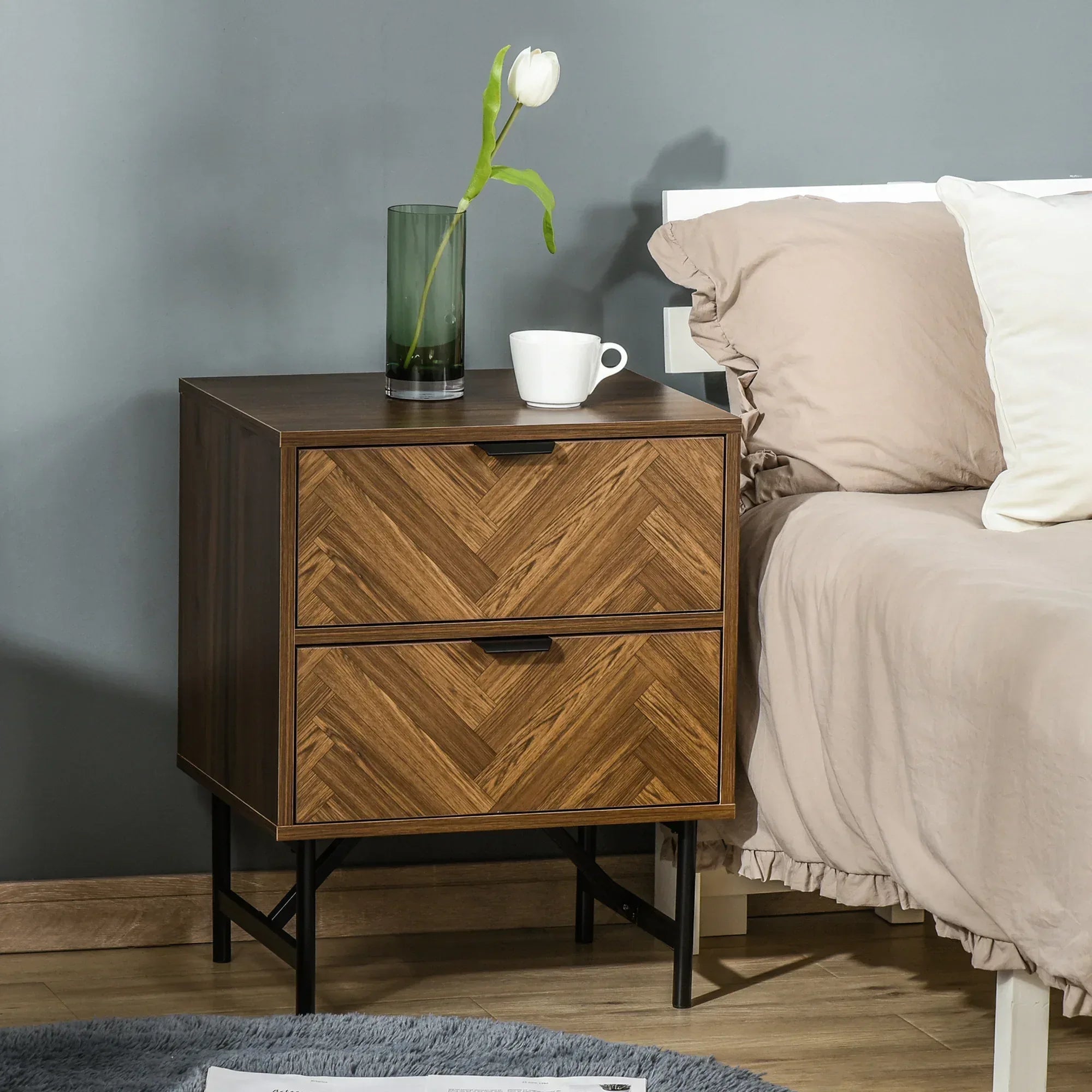 Bedside Table with Two Drawers, Side Cabinet Storage Unit with Metal Handles, Organisation Furniture for Living Room, Bedroom, Walnut Brown - Bobobiy