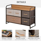 Wooden-topped dresser with linen fabric drawers, gold pulls, curved steel frame, adjustable feet