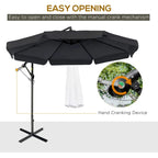 Black banana parasol with manual crank handle mechanism and hanging cloth panel