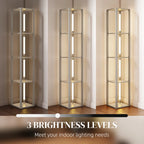 Tall floor lamp with open shelves, three stacked brightness glow panels, light-wood frame