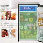 Black mini fridge with open door showing chilled compartment and inner shelves