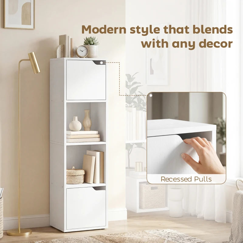 White tall bookshelf cabinet with recessed pull doors, open center shelves, slim frame