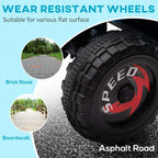 Large black tread wheels on blue ride-on quad bike, wear-resistant wheel pattern