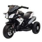 Kids three-wheel electric motorcycle ride-on toy, black with white accents, front lights
