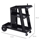 Black welding cart trolley with multi-tier rack, safety chains, and caster wheels