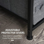 Adjustable protective foot with metal base under a dark grey fabric drawer dresser.
