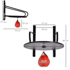 Wall-mount speed ball platform stand with red hanging bag, with height and width measurements