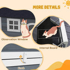 Grey cat house with front observation window and interior board behind opening