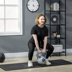 12 kg kettlebell with blue handle being held during a home workout squat
