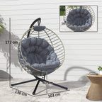 Grey hanging rattan swing chair with metal stand and quilted thick seat cushion