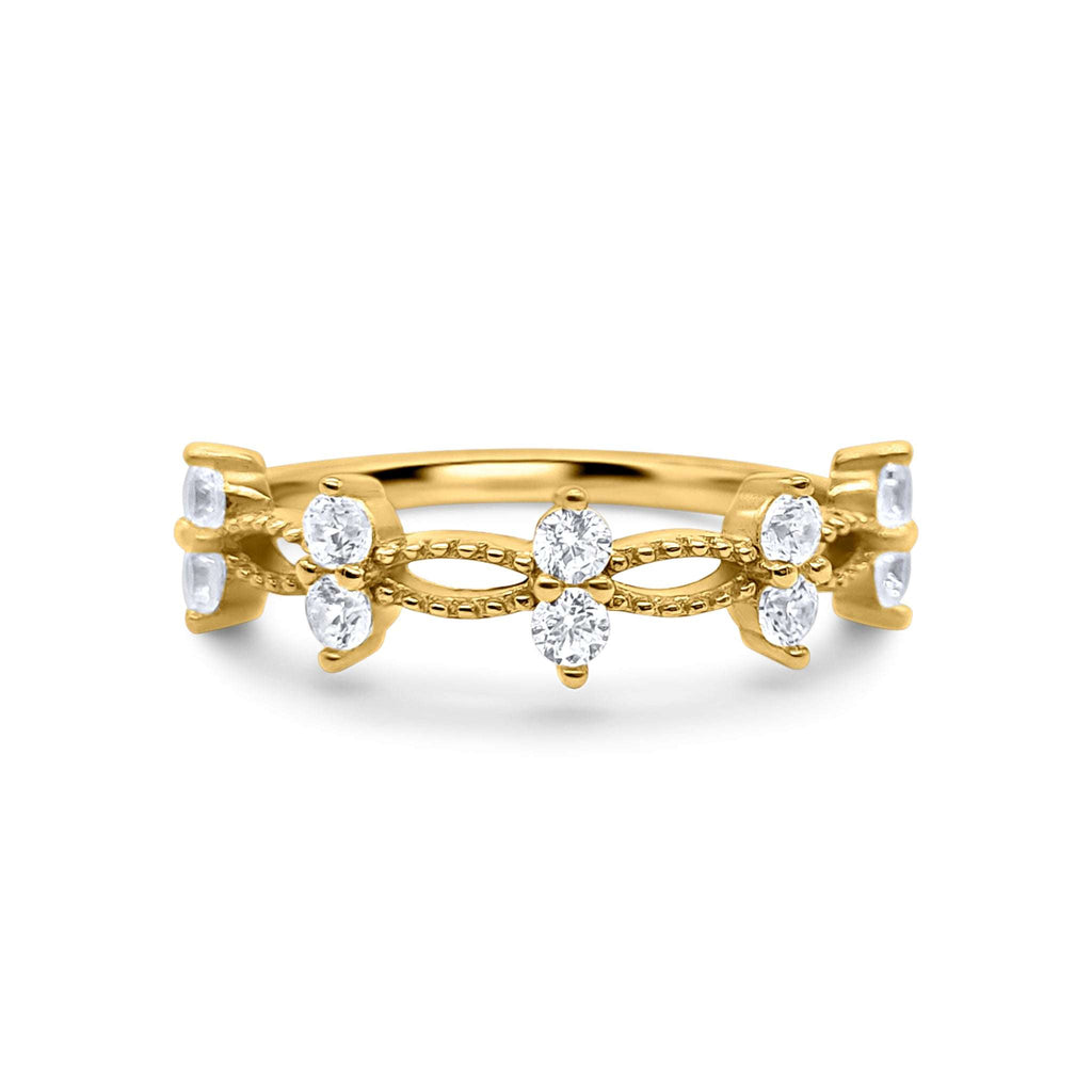 Gold ring with marquise and round crystal stones on an openwork band
