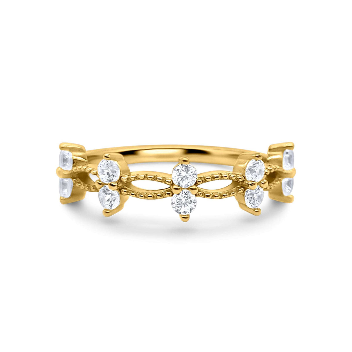 Gold ring with marquise and round crystal stones on an openwork band