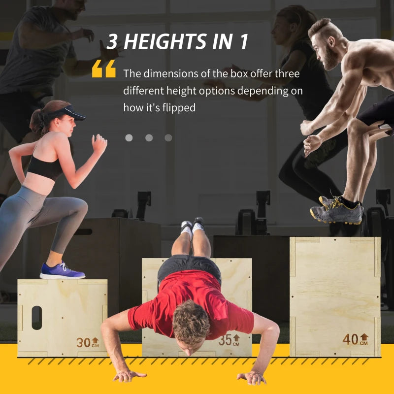 Natural wooden plyometric box with HOMCOM logo, shown in multiple height setups