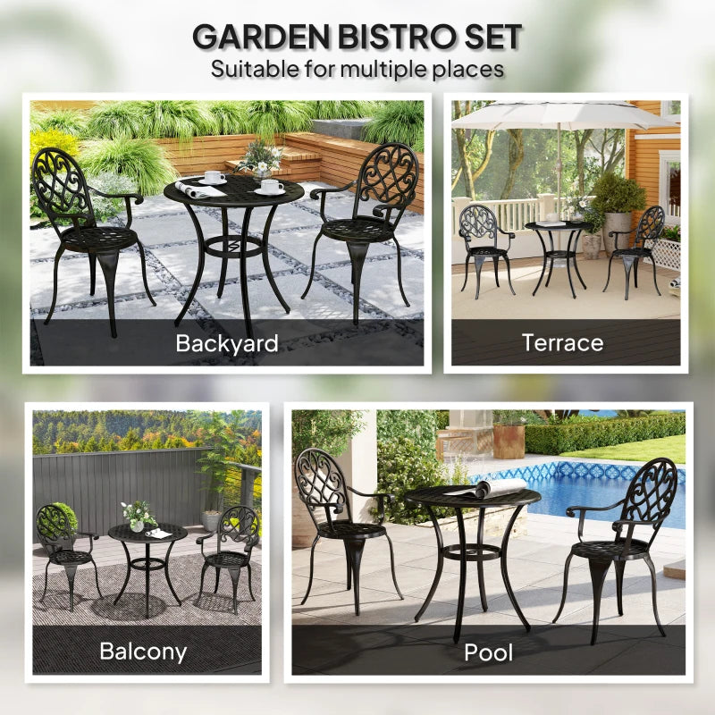 Black three-piece garden bistro set shown in multiple outdoor layouts