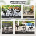Black three-piece garden bistro set shown in multiple outdoor layouts