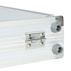 Close-up of aluminum poker case latch and gray corner side supports