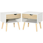 Set of 2 white nightstands with oak drawer and open shelf, curved cutout handle