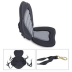 Black padded kayak seat with high backrest and gray cushions, side view with straps