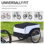 Black-and-white bike cargo trailer with removable cover, rear wheel, and hitch to bicycle