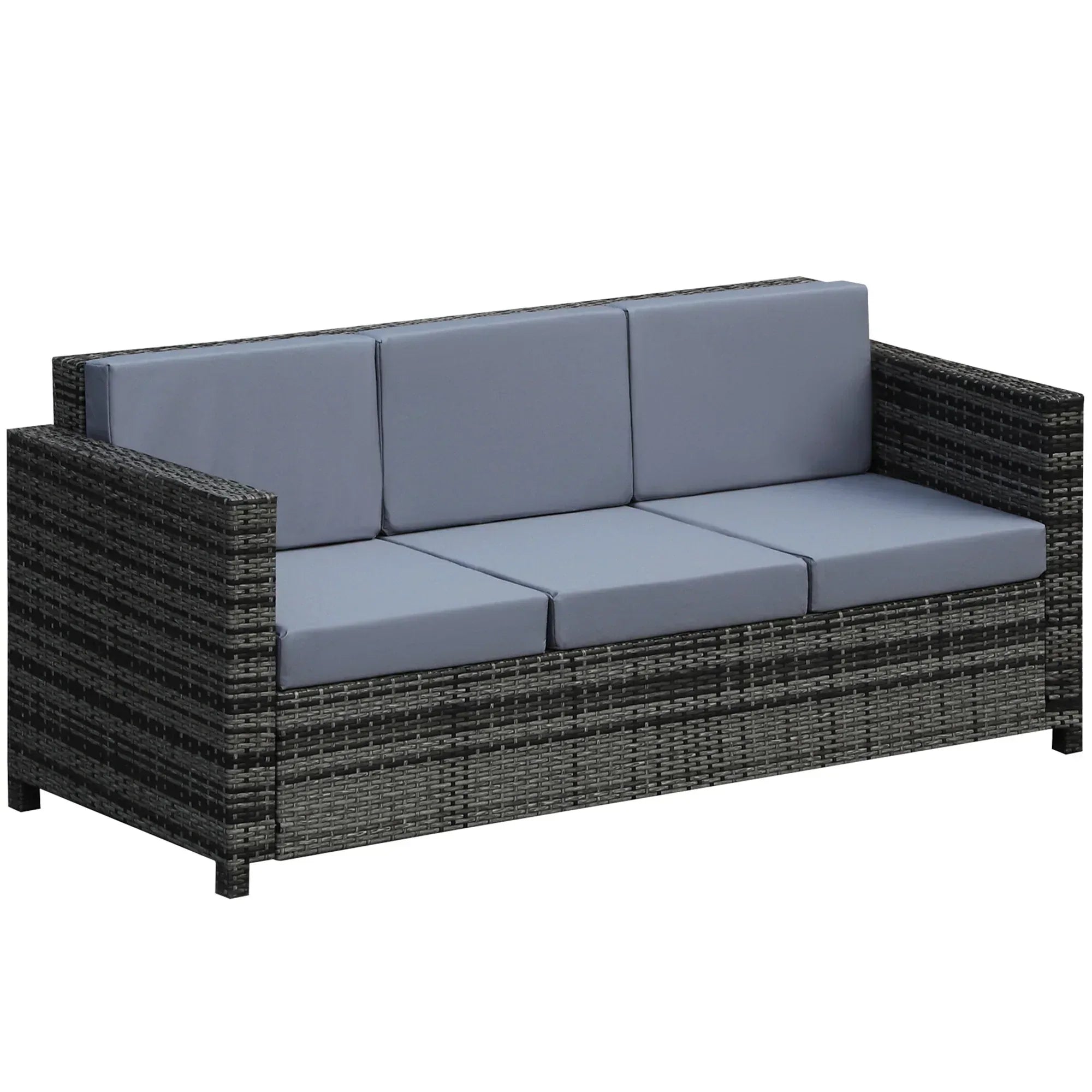 3 Seater All Weather Outdoor Sofa, Garden Rattan Sofa with Cushions and Mental Frame, Grey - Bobobiy