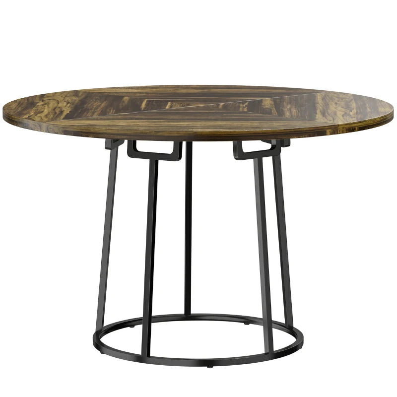 Round rustic brown dining table with patterned tabletop and black conical metal base