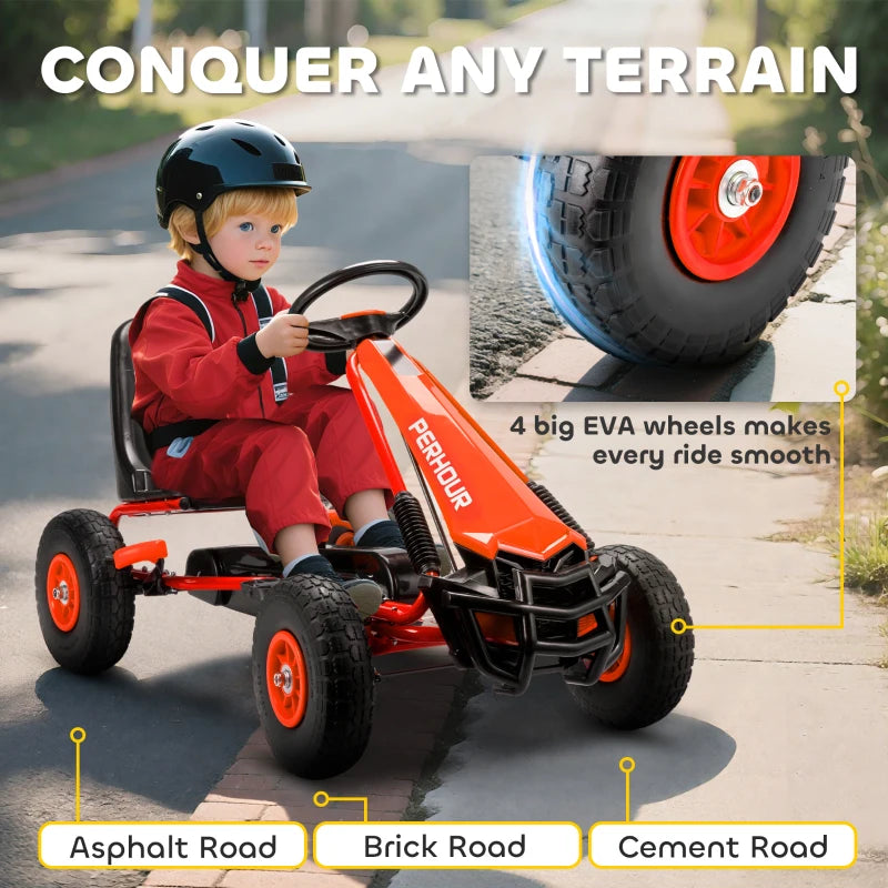 Red kids pedal go-kart with large EVA-style wheels and orange wheel hubs.