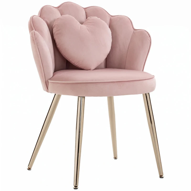 Pink velvet accent armchair with heart back cushion and padded seat, gold-tone metal legs