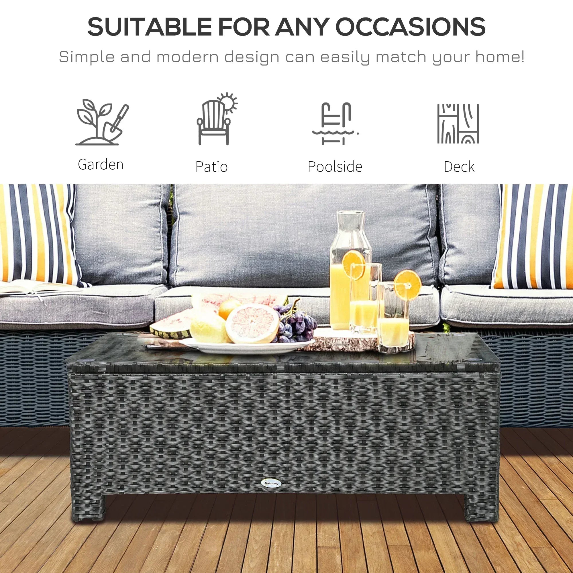 PE Rattan Coffee Table, Rectangular Outdoor Coffee Table with Tempered Glass Top, 70 KG Capacity for Garden, Balcony, Terrace, Patio, Black - Bobobiy